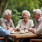 Retirees enjoying rural living while sharing laughs and tea outdoors