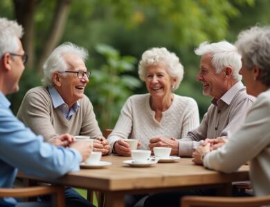 Retirees enjoying rural living while sharing laughs and tea outdoors