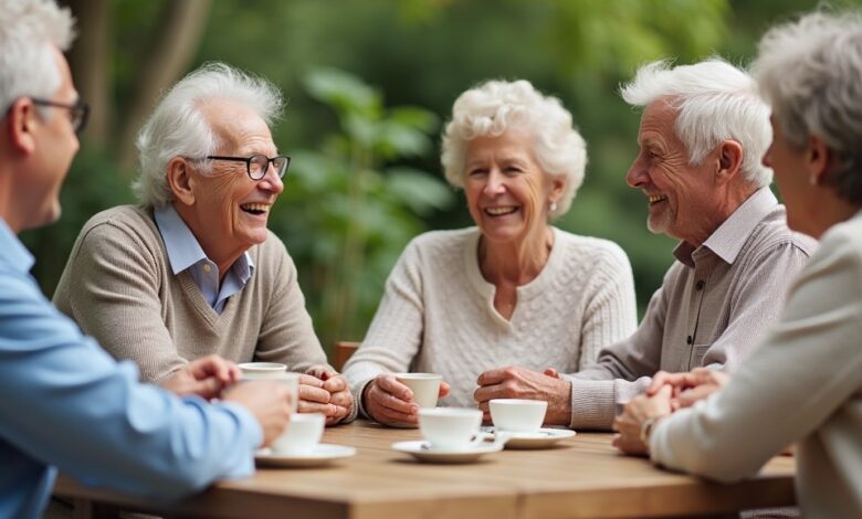 Retirees enjoying rural living while sharing laughs and tea outdoors